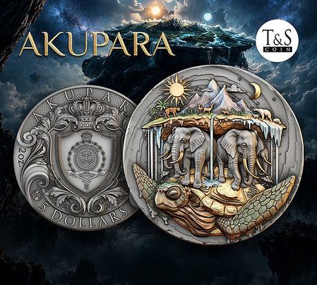 Banner - Akupara promotional image showing obverse and reverse against a mythical world backdrop.