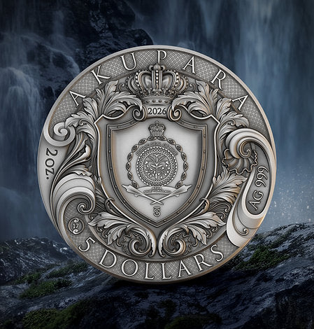 Obverse artwork: Akupara coin obverse against a dark waterfall and rocky landscape.