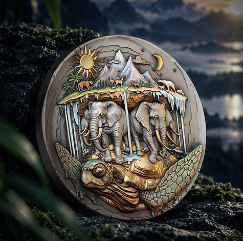 Forest backdrop: Akupara coin reverse standing on mossy rock against a forest landscape.