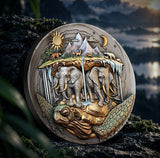 Forest backdrop: Akupara coin reverse standing on mossy rock against a forest landscape.