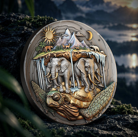 Forest backdrop: Akupara coin reverse standing on mossy rock against a forest landscape.