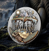 Upright reverse: Akupara coin standing against an elephants head with a tusk holding it upright. 