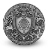 Obverse: Akupara 2026 coin obverse with crowned shield, ornate scrollwork and 5 Dollars inscription.