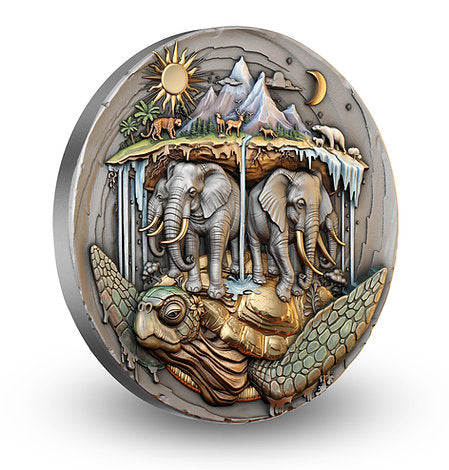 Angled reverse: Angled view of Akupara coin showing raised elephants, turtle and landscape.