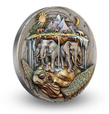 Angled reverse: Angled view of Akupara coin showing raised elephants, turtle and landscape.