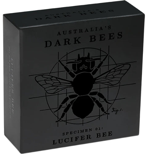 Outer packaging: Black Australia’s Dark Bees Specimen 01 Lucifer Bee box with illustrated bee design.