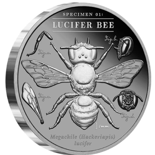 Angled reverse: Angled view of the 2026 Lucifer Bee Black Proof silver coin showing the bee, anatomical details and ridged edge.