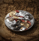 Angled reverse: Angled view of the Odysseus high-relief silver coin showing its raised design and edge.