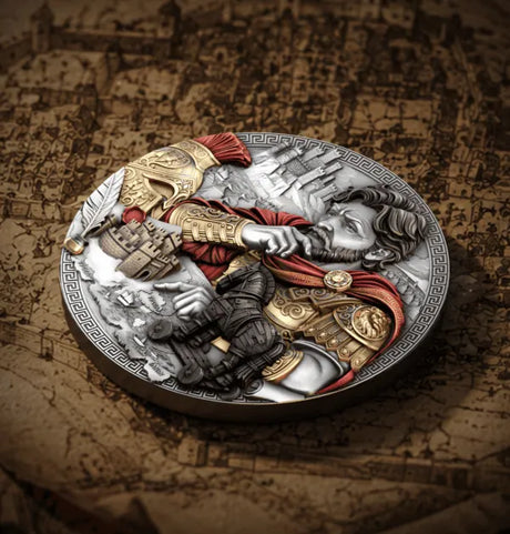 Angled reverse: Angled view of the Odysseus high-relief silver coin showing its raised design and edge.