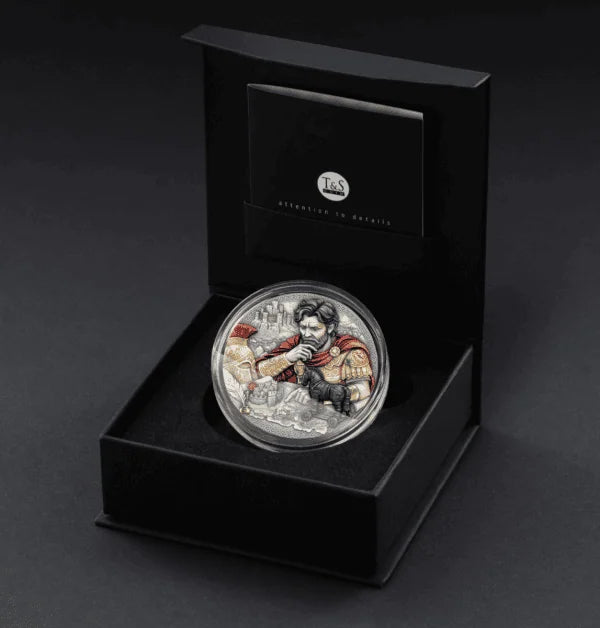 Presentation case: Odysseus silver coin displayed in an open black T&S Coin presentation case.