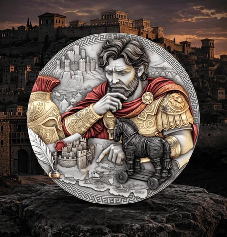 Reverse, city backdrop: Odysseus silver coin showing the Greek hero studying a map beside the Trojan horse, with red drapery and gold-toned armour.