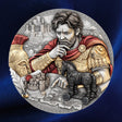 Reverse, city backdrop: Odysseus silver coin showing the Greek hero studying a map beside the Trojan horse, with red drapery and gold-toned armour. On a blue satin background
