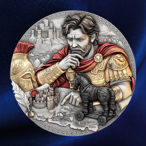 Reverse, city backdrop: Odysseus silver coin showing the Greek hero studying a map beside the Trojan horse, with red drapery and gold-toned armour. On a blue satin background