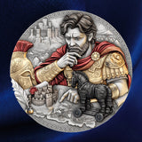 Reverse, city backdrop: Odysseus silver coin showing the Greek hero studying a map beside the Trojan horse, with red drapery and gold-toned armour. On a blue satin background