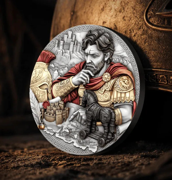Reverse, helmet backdrop: Odysseus silver coin beside a helmet, showing red drapery, gold-toned armour and the Trojan horse.