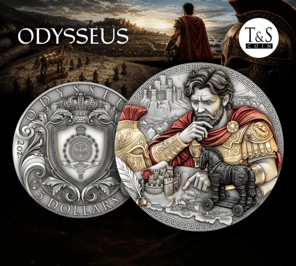 Promotional image: Both sides of the Odysseus silver coin beneath the Odysseus title and T&S Coin logo.