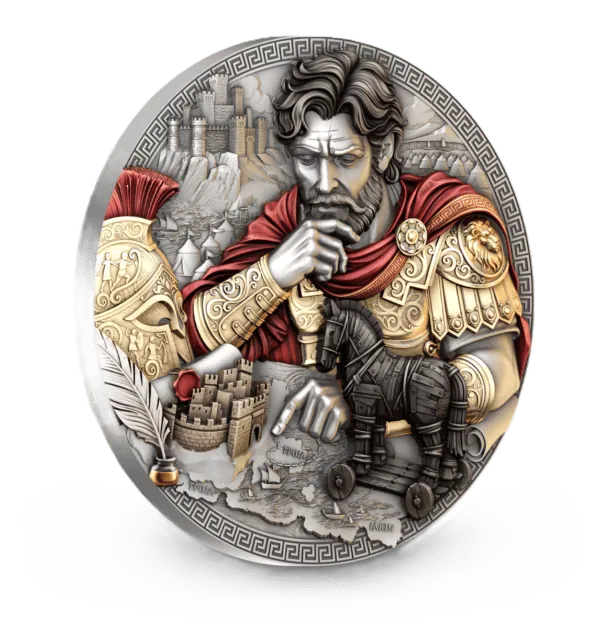 Full reverse: Full reverse of the Odysseus silver coin with red and gold-toned details and a Greek-key border.