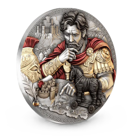 Full reverse: Full reverse of the Odysseus silver coin with red and gold-toned details and a Greek-key border.