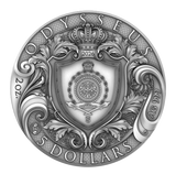 Full obverse: Odysseus coin obverse showing the Public Seal of Niue within an ornate crowned shield, with weight, purity and denomination.