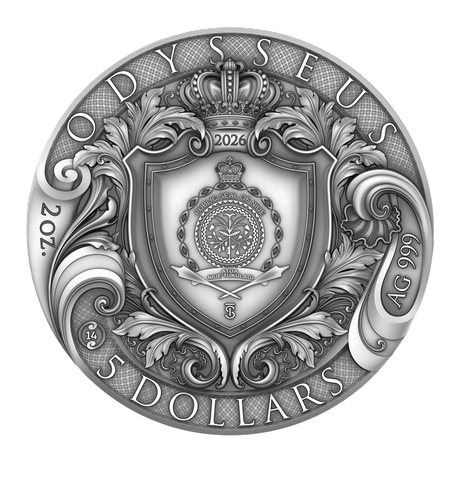 Full obverse: Odysseus coin obverse showing the Public Seal of Niue within an ornate crowned shield, with weight, purity and denomination.