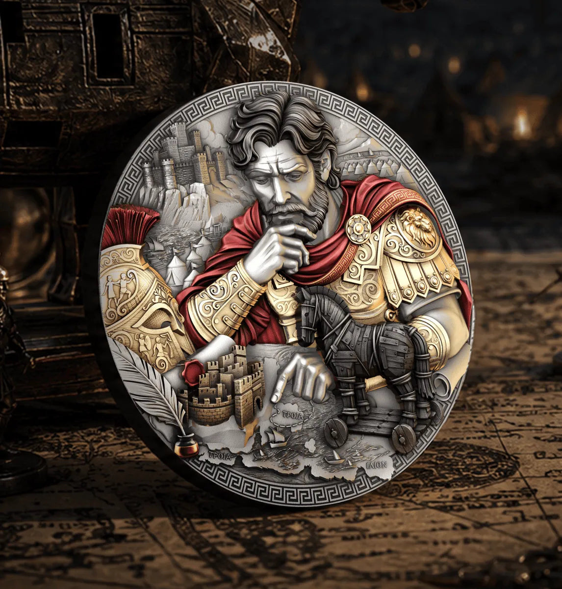 Reverse, map backdrop: Close-up of the Odysseus coin showing the hero, Trojan horse, fortress and map within a Greek-key border.