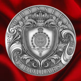 Obverse, sunset backdrop: Odysseus coin obverse with the Public Seal of Niue, ornate shield and crown, 2026 date and five-dollar denomination. On a red Satin background.