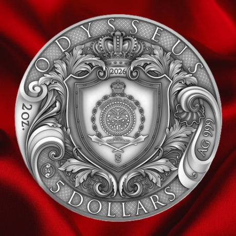 Obverse, sunset backdrop: Odysseus coin obverse with the Public Seal of Niue, ornate shield and crown, 2026 date and five-dollar denomination. On a red Satin background.