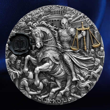 A circular silver-toned relief medallion or coin featuring a knight on a rearing horse, holding a golden scale of justice, with additional gold-toned details and a dark wax-seal motif on the left. The text around the edge reads 'SEVEN SEALS OF THE APOCALYPSE' and 'BLACK HORSE.