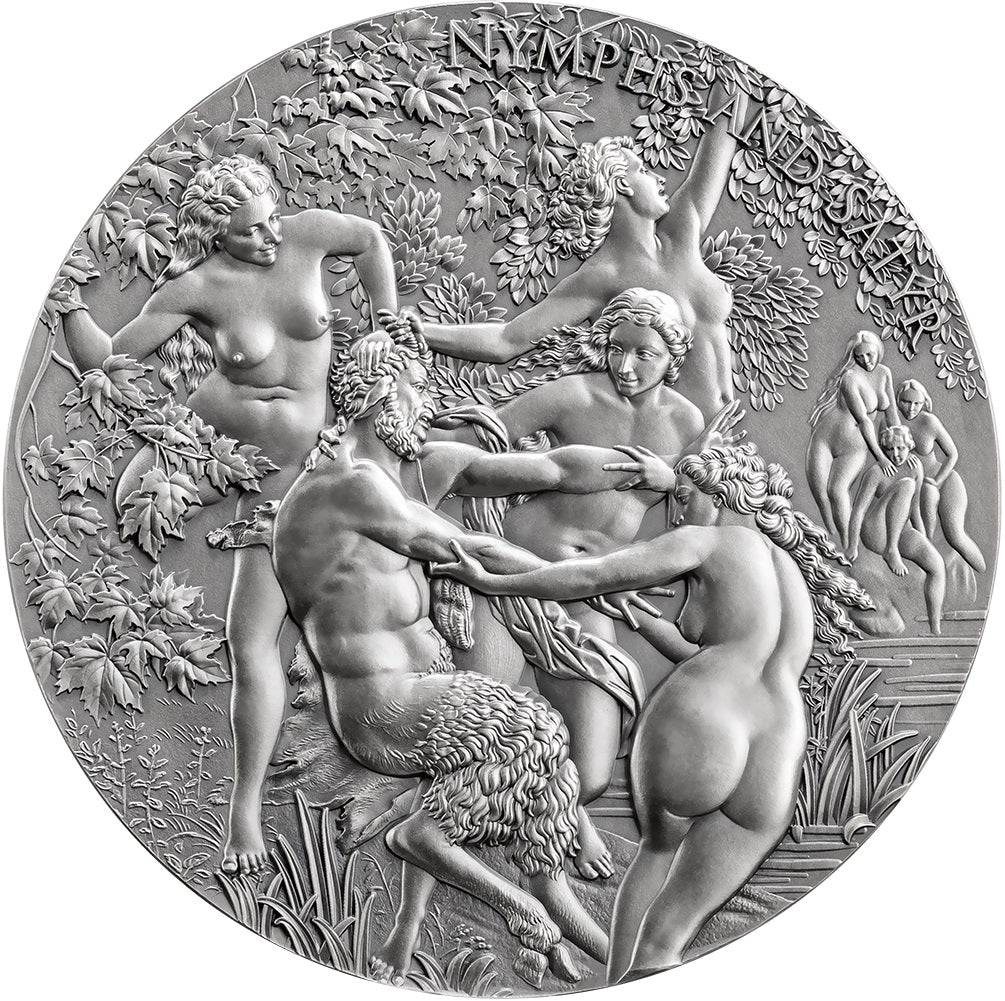 Cameroon 2023 5000 Francs NYMPHS AND SATYR Celestial Beauty 5 Oz  Antique Silver Coin