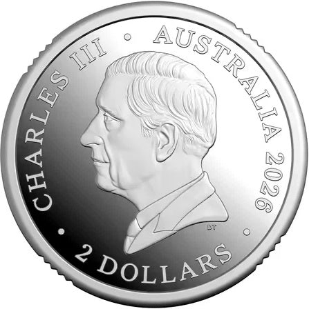 Silver coin with a portrait of a monarch and text 'Charles III Australia 2025 2 Dollars'.