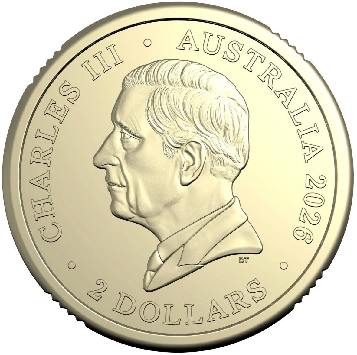 Gold coin with a portrait of a monarch and text 'Charles III Australia 2026' on a white background