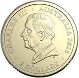 Gold coin with a portrait of a monarch and text 'Charles III Australia 2026' on a white background
