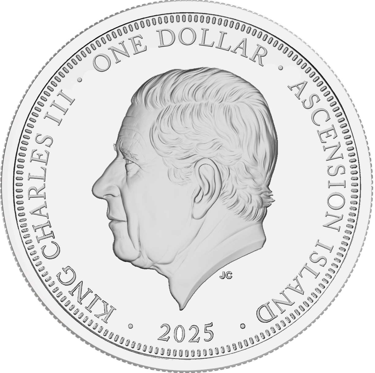 Silver coin with a profile of King Charles III and text 'King Charles III, One Dollar, Ascension Island, 2025'.