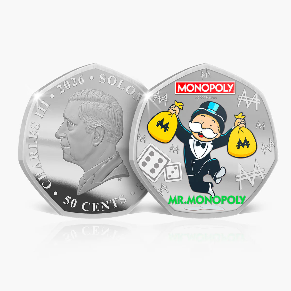 Silver coin with a portrait and 'Mr. Monopoly' design on a white background