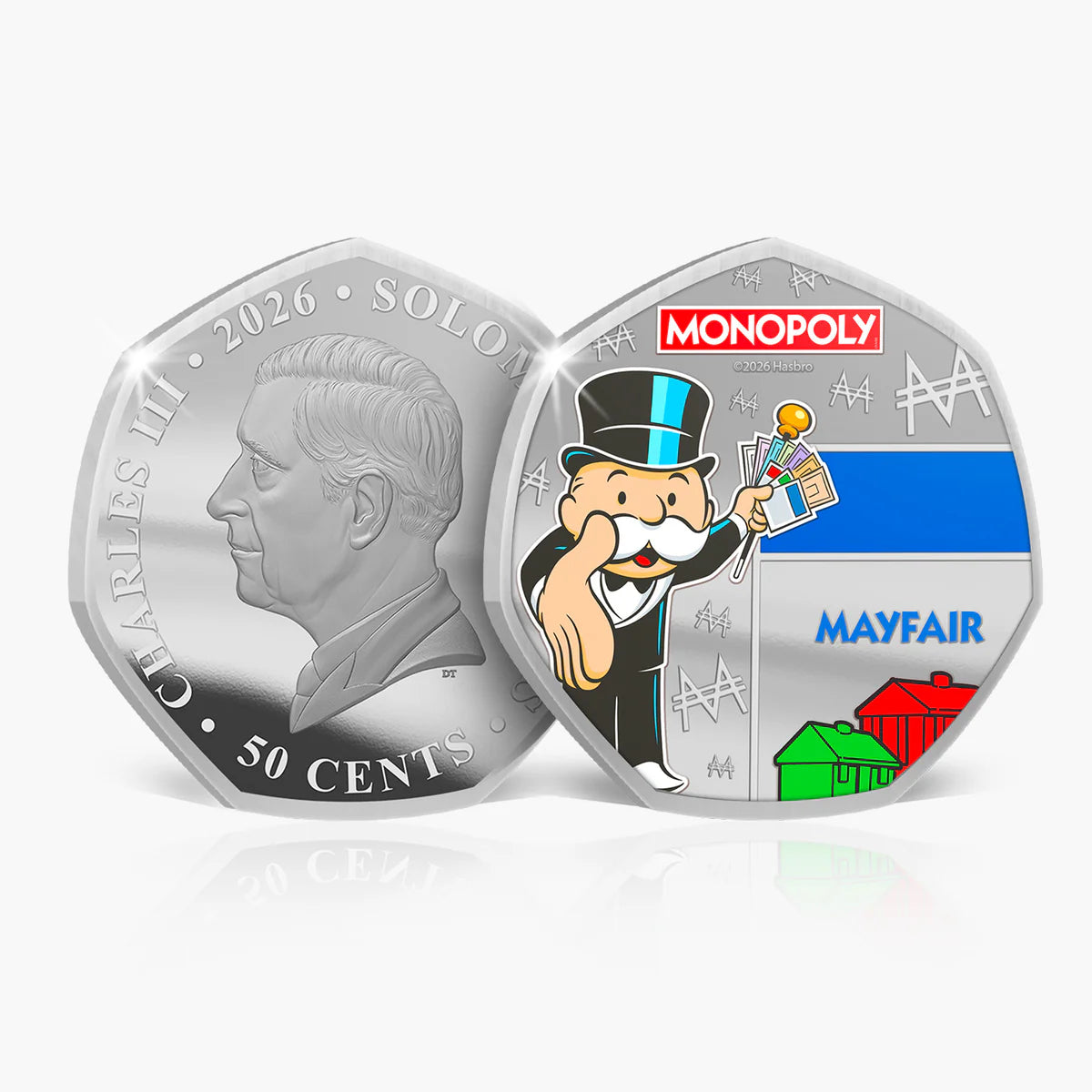Silver coin with Monopoly branding and character on a white background