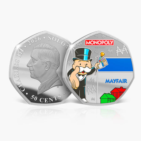 Silver coin with Monopoly branding and character on a white background