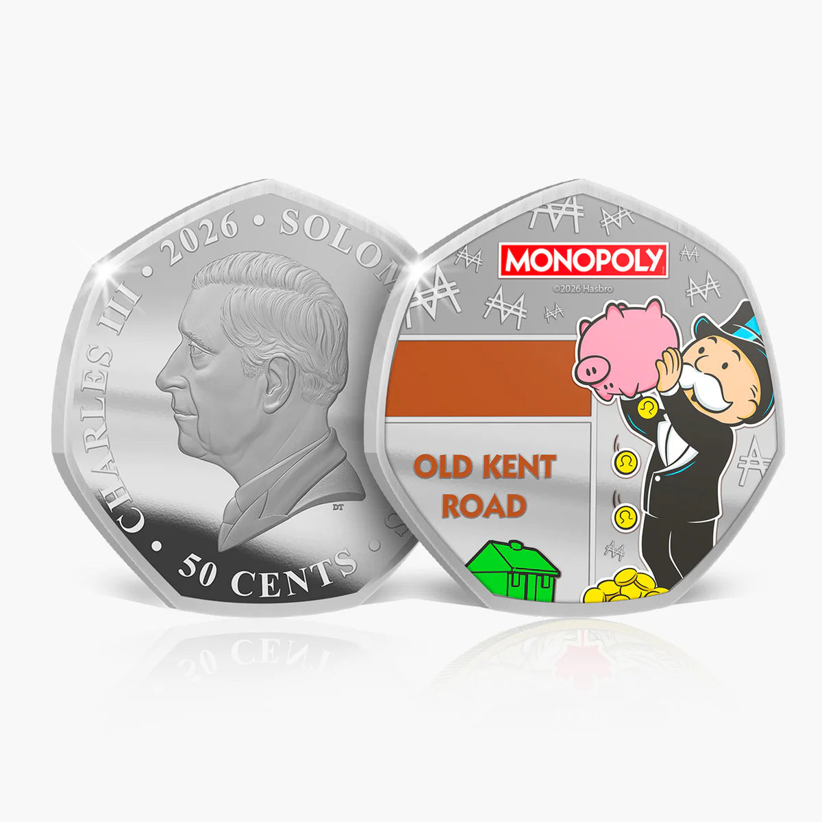 Silver coin with a portrait and Monopoly-themed design on a white background