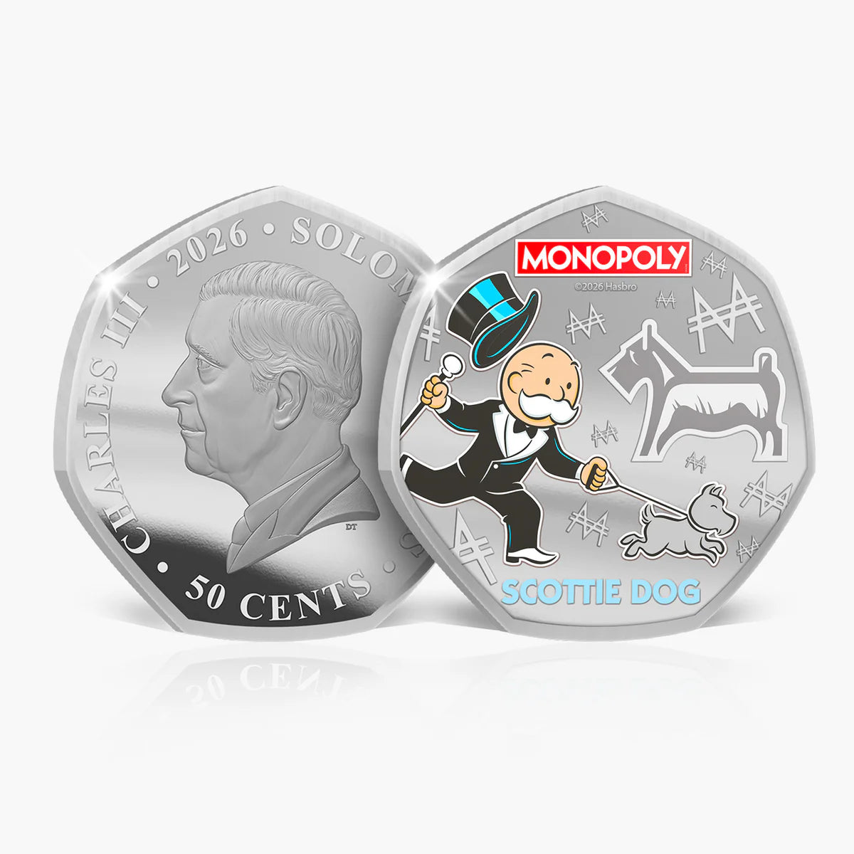 Silver coin featuring a cartoon character and text on a white background