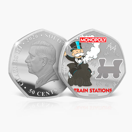 Silver coin with a portrait and Monopoly character on a white background