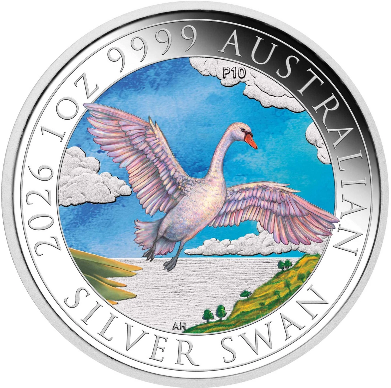 Silver coin featuring a swan design with text indicating it is an Australian silver swan coin.