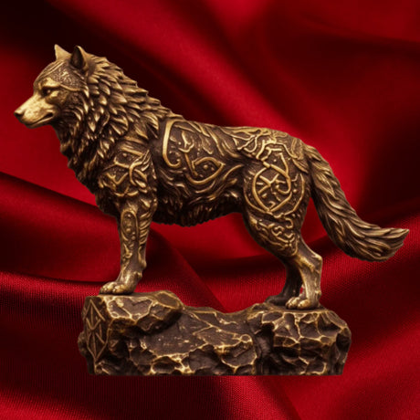 Celtic Wolf copper statue in side profile, with intricate knotwork, textured fur and a rocky base against red satin.