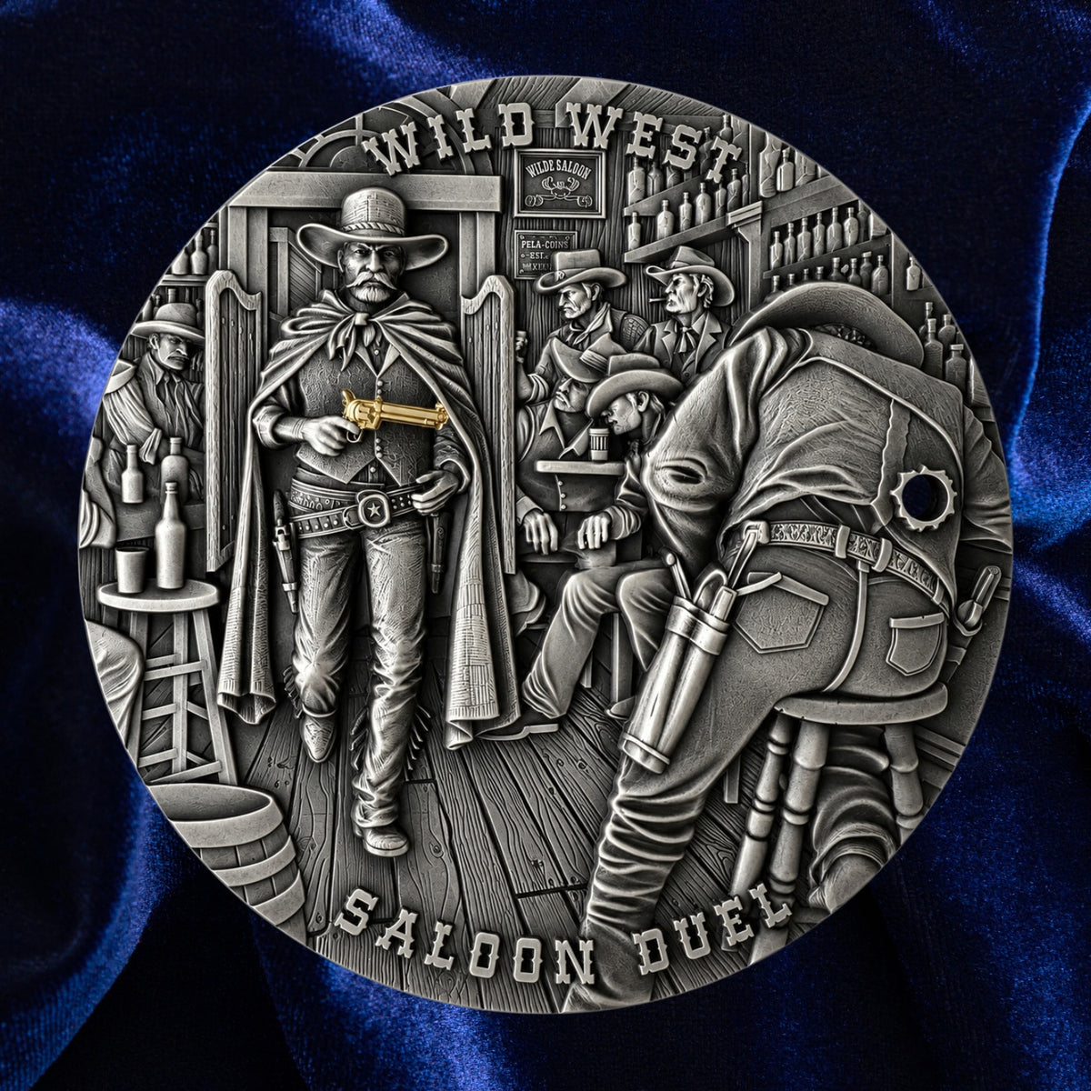 A circular silver-toned metal medallion featuring a detailed Wild West saloon duel scene, displayed against a dark blue satin fabric background.
