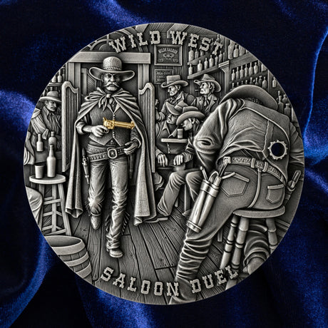 A circular silver-toned metal medallion featuring a detailed Wild West saloon duel scene, displayed against a dark blue satin fabric background.