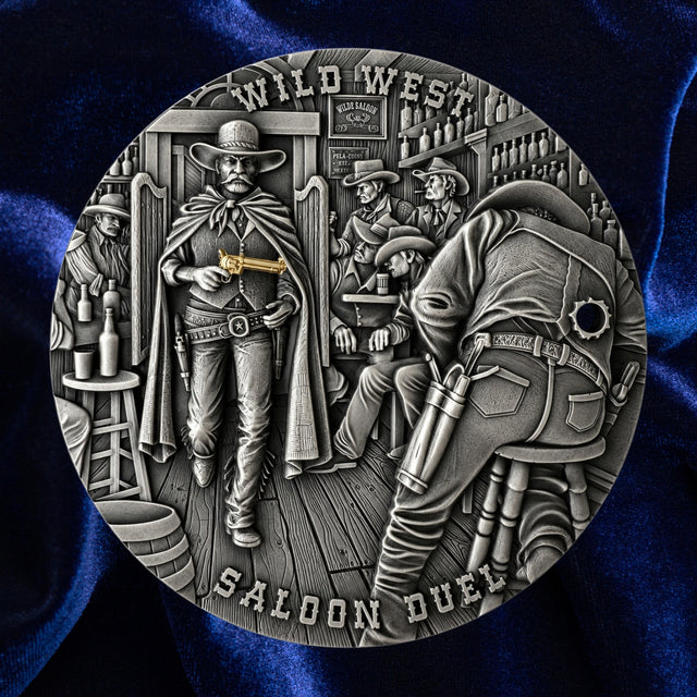 A circular silver-toned metal medallion featuring a detailed Wild West saloon duel scene, displayed against a dark blue satin fabric background.