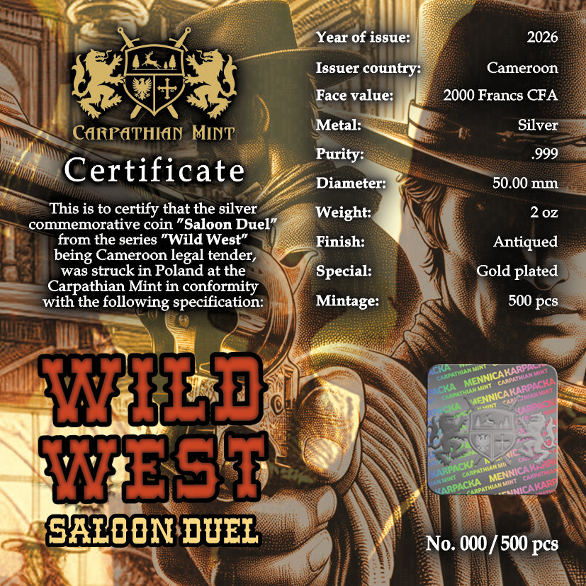 PRE-ORDER Cameroon 2026 2000 Francs CFA Saloon Duel -  Wild West Series 2 oz Antiqued Silver Coin- Hologram Sealed certificate with coin specifications