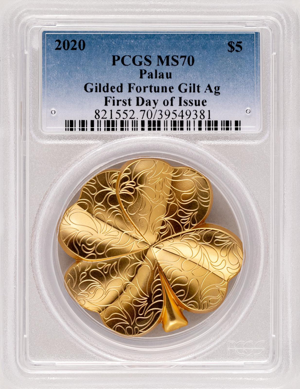 2020 Palau Gilded Fortune gold-plated silver clover coin in a PCGS MS70 First Day of Issue holder.