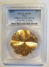 2020 Palau Gilded Fortune gold-plated silver clover coin in PCGS MS70 First Day of Issue holder, certification 40220523.