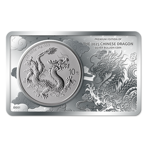 A silver bar with a circular coin featuring a dragon, commemorating the 2025 Chinese Bullion Dragon Coin.