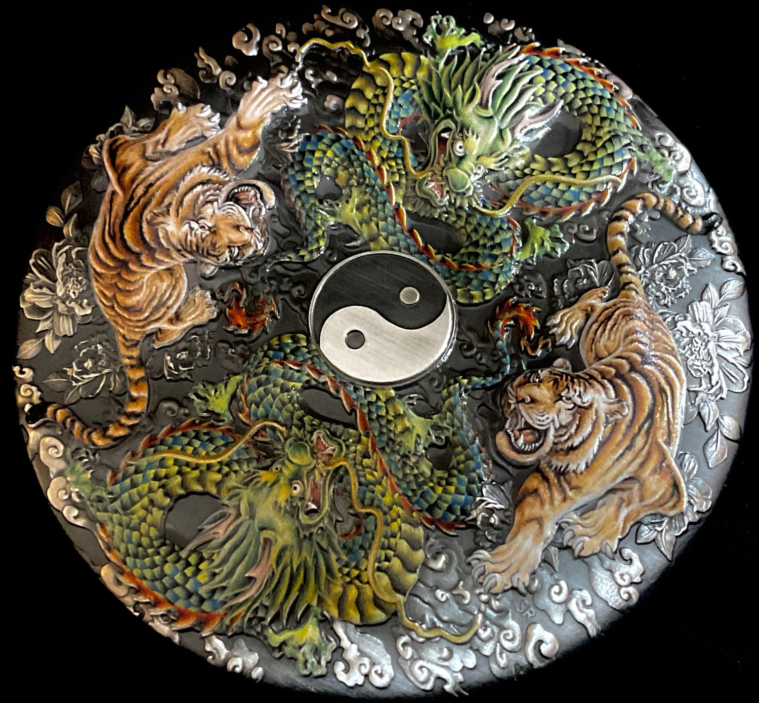 Another view of Tuvalu 2023 5 dollar Double Dragon and Double Tiger 5oz silver antiqued coloured coin reverse side featuring two dragons and two tigers around a colourful yin yang symbol.