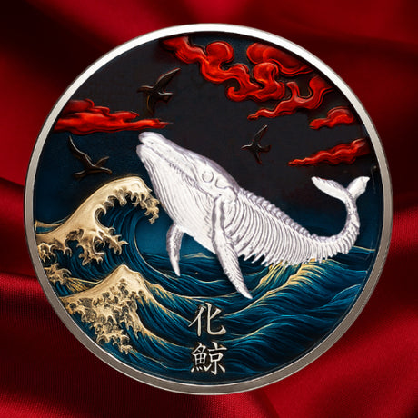 Bake-Kujira silver coin showing a skeletal ghost whale rising above blue and gold waves beneath red clouds, against red satin